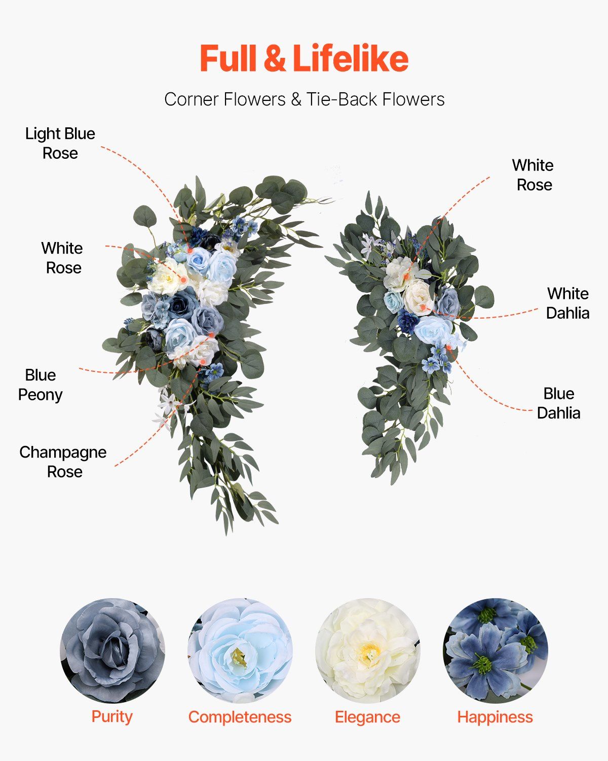 Blue and white wedding arch flowers featuring light blue rose, white rose, blue peony, champagne rose, and dahlias with greenery