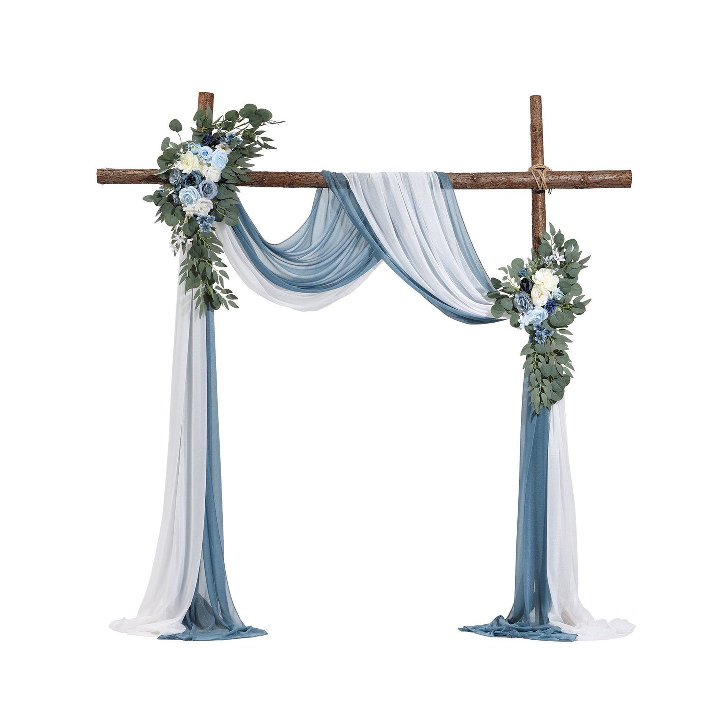 Rustic wooden wedding arch decorated with blue and white wedding arch flowers and draped fabric