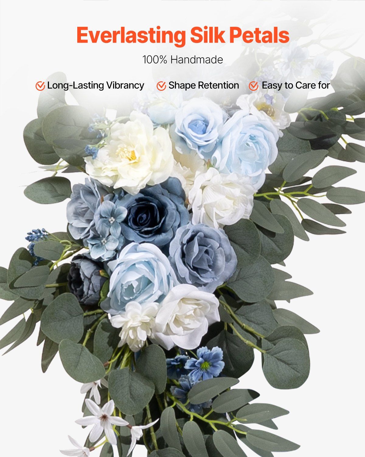 Blue and white wedding arch flowers made of everlasting silk petals with green foliage