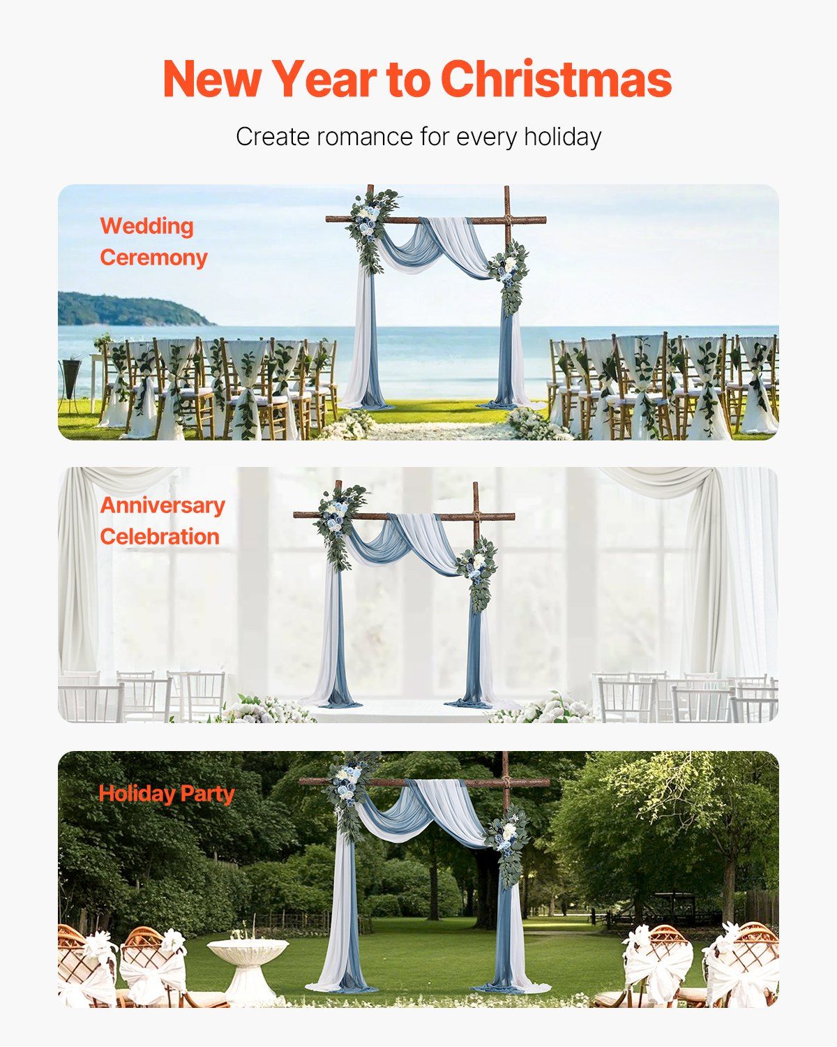 Blue and white wedding arch flowers decorated for outdoor wedding ceremony anniversary and holiday party