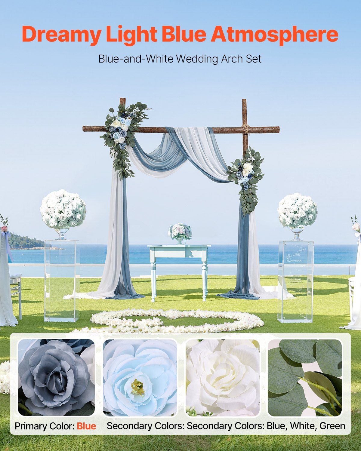 Elegant blue and white wedding arch flowers arranged on wooden arch with sheer fabric and ocean backdrop