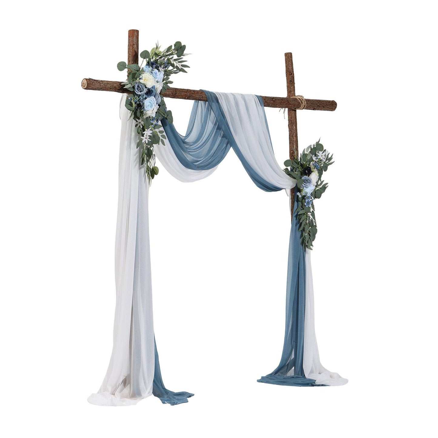 Rustic wooden wedding arch decorated with blue and white wedding arch flowers and flowing fabric drapes