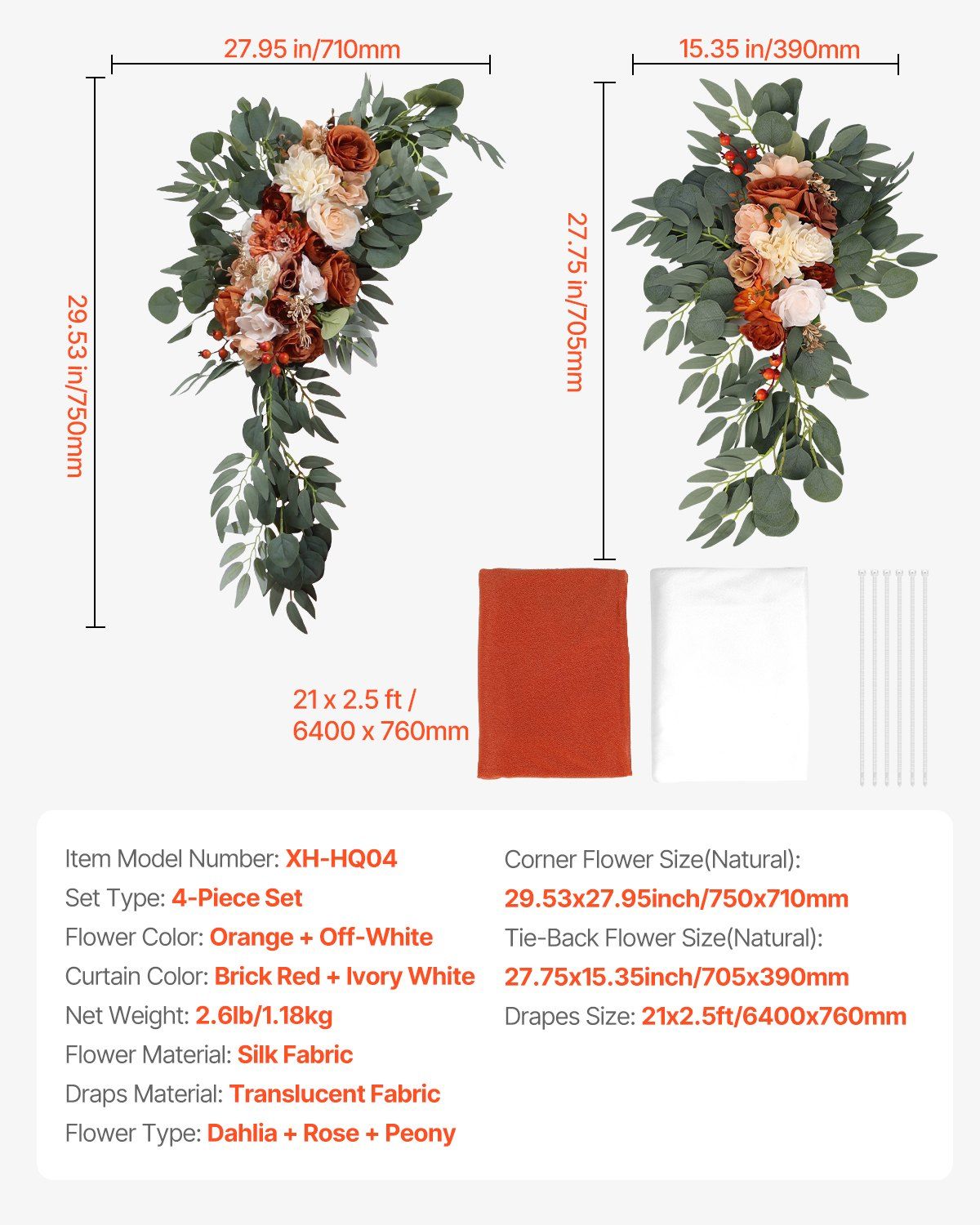 Burnt orange wedding arch flowers with orange and off-white silk dahlia rose and peony on green foliage