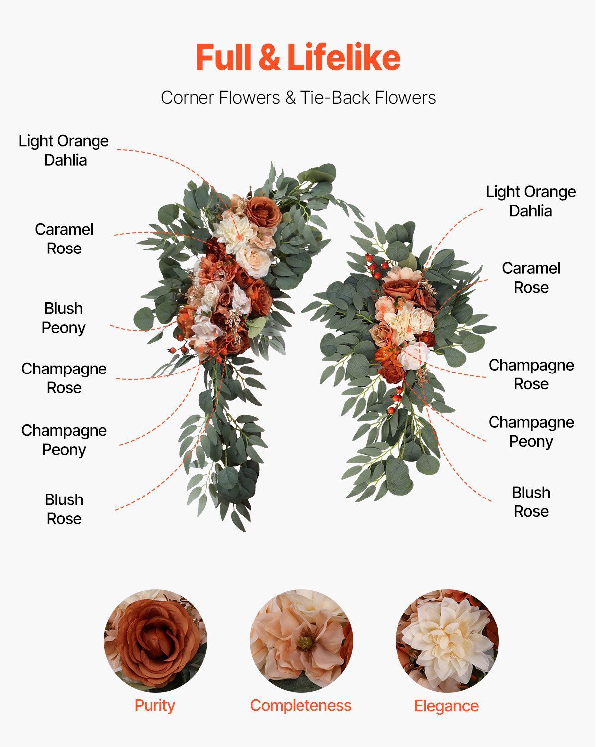 Burnt orange wedding arch flowers with light orange dahlia caramel rose blush peony and champagne rose