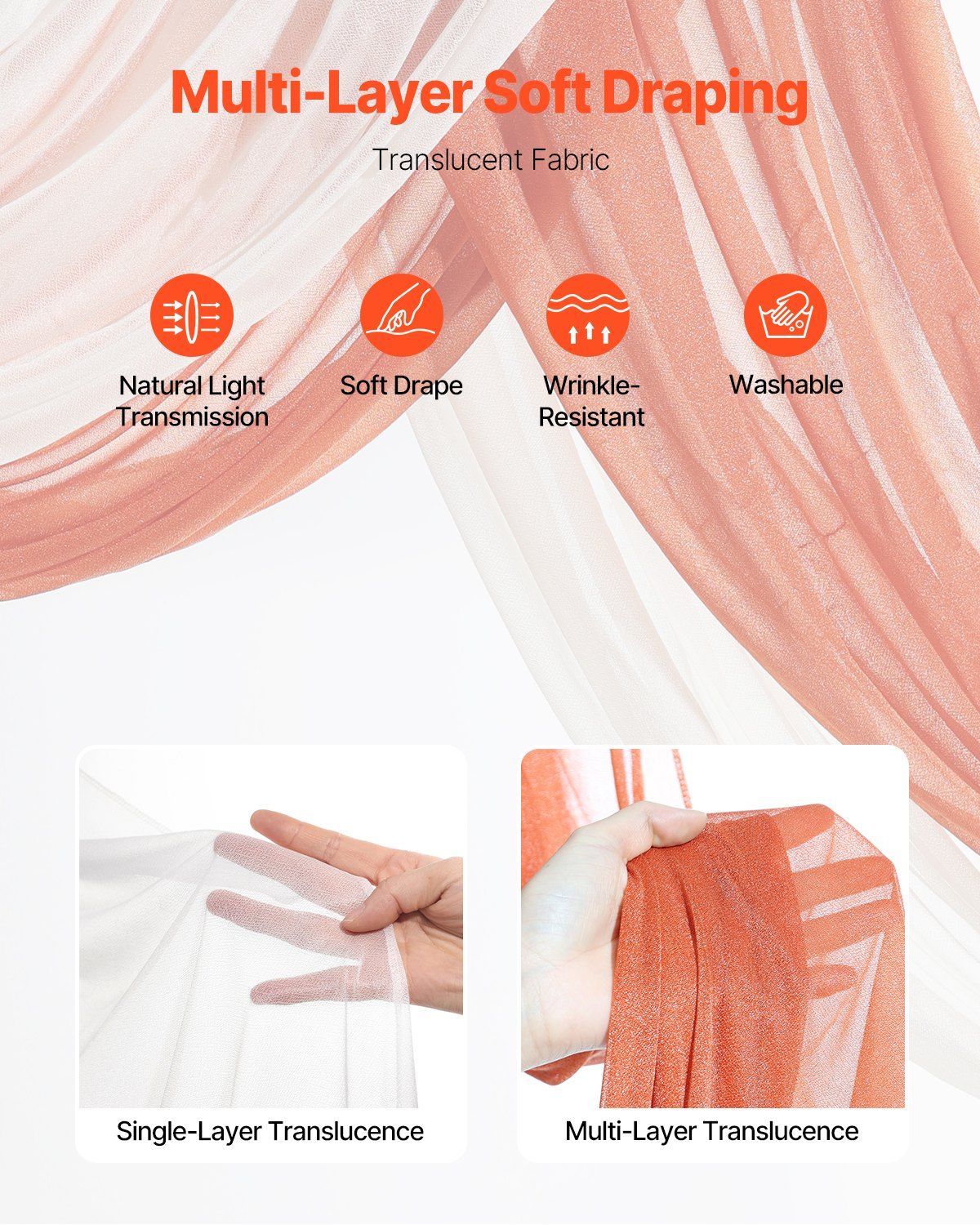 Burnt orange wedding arch flowers with multi-layer soft draping translucent fabric showing natural light transmission and wrinkle resistance