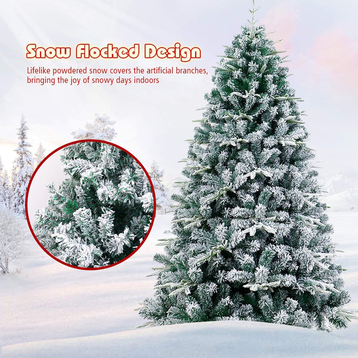 6 ft Christmas tree warm lights featuring a snow flocked design for a festive indoor atmosphere