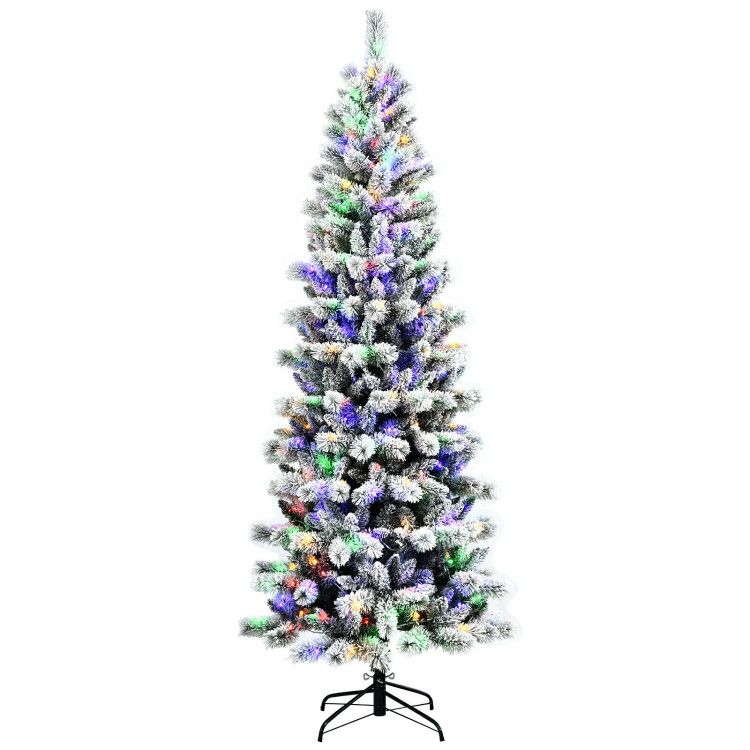 Tall slim flocked Christmas tree with 9 lighting modes and multicolor LED lights on black stand