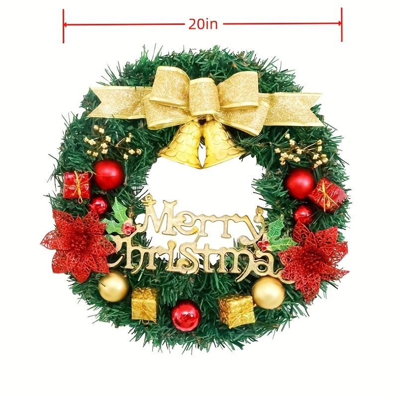 20-inch Christmas wreath for front door adorned with golden bow and festive decorations