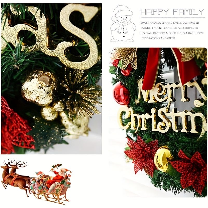 Festive Christmas wreath for front door with gold ornaments and a Merry Christmas sign