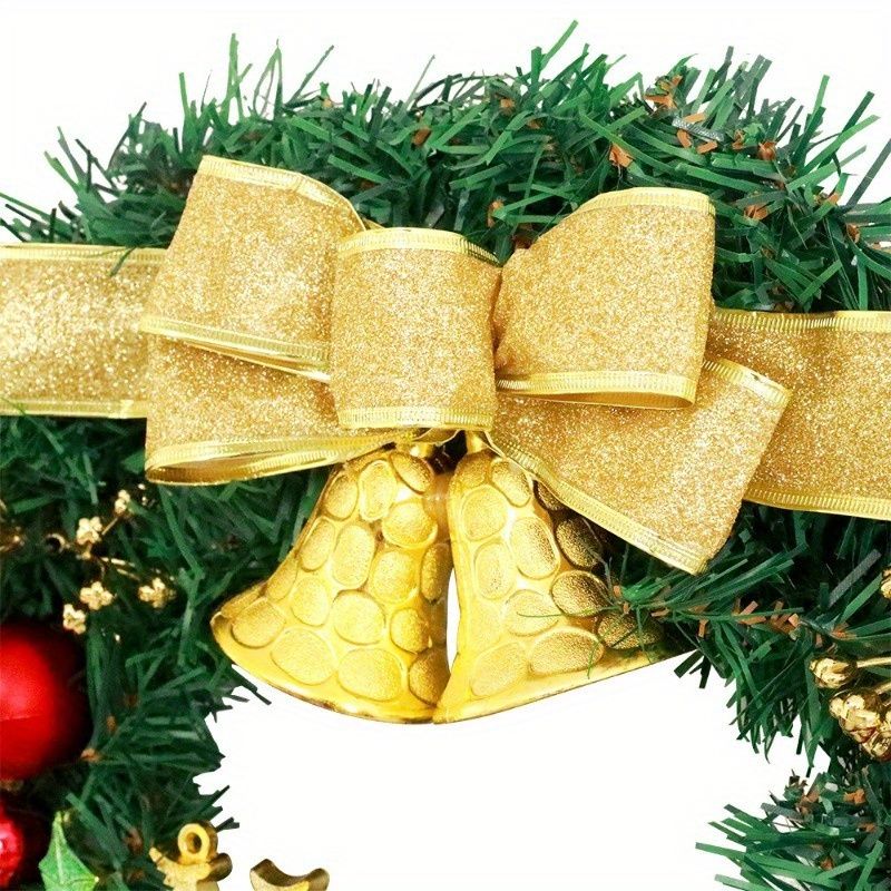 Festive Christmas wreath for front door with gold bow and bells, perfect for holiday decoration