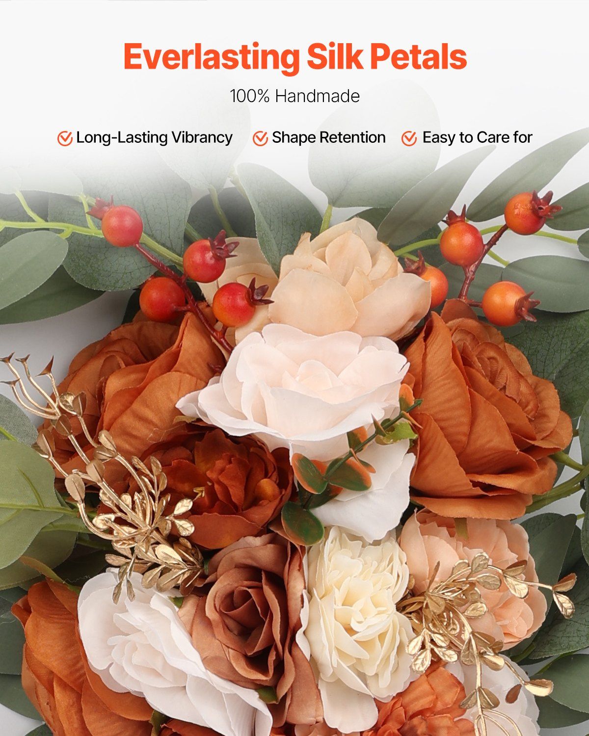 Burnt orange wedding arch flowers with silk petals including cream and brown roses with green leaves and orange berries
