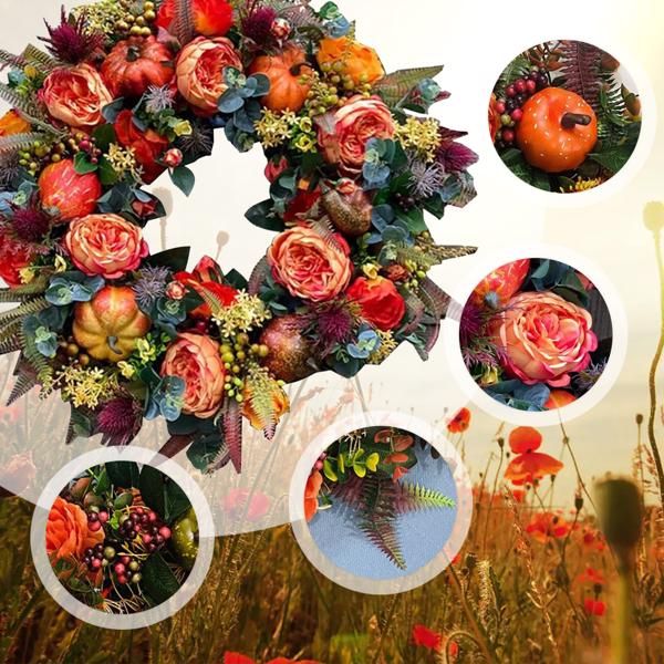 Autumn-themed artificial flower door wreath with orange roses, pumpkins, berries, and green foliage
