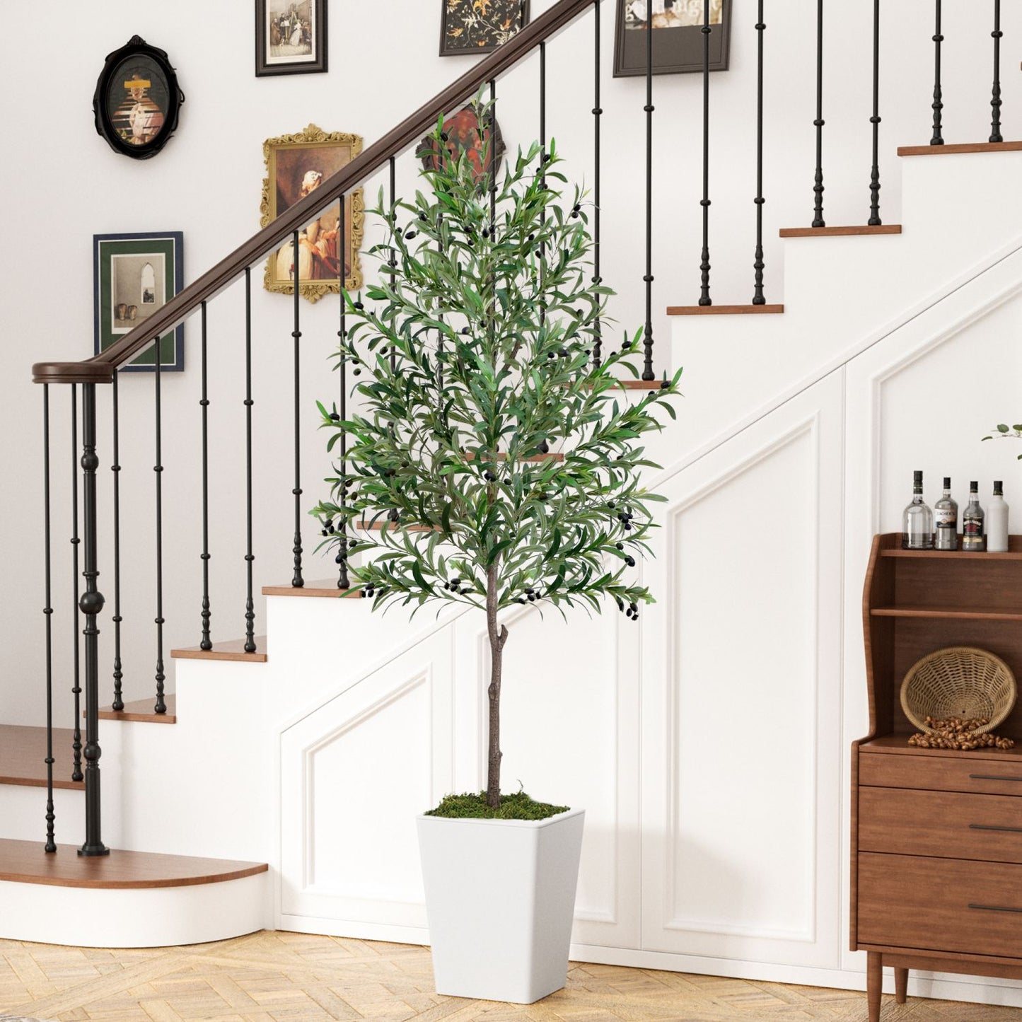 Decorative faux olive tree in a white pot, perfect for home or office decor