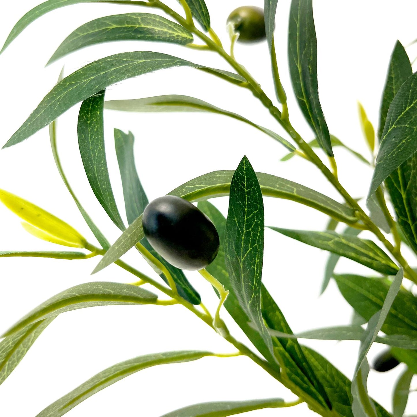 Lifelike decorative faux olive tree with green leaves and realistic black olives for home decor