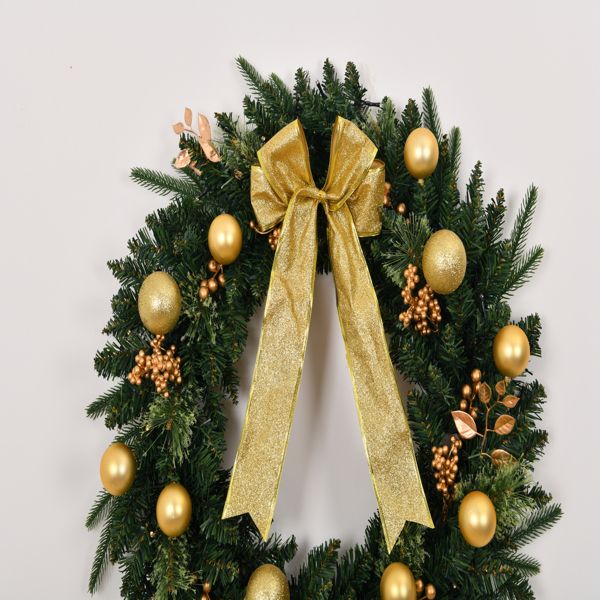 Elegant pre-lit Christmas wreath with remote, adorned with gold ornaments and a festive bow