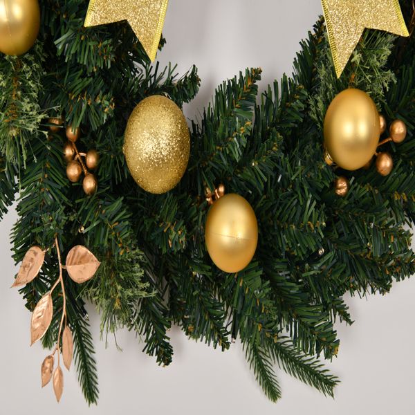 Beautiful pre-lit Christmas wreath with remote featuring gold ornaments and decorative foliage