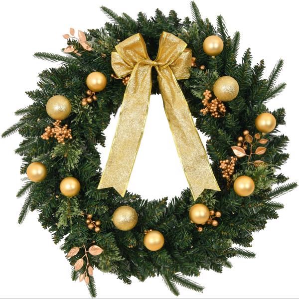 Elegant pre-lit Christmas wreath with remote featuring gold ornaments and a shimmering bow