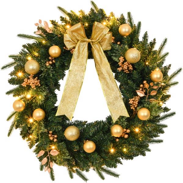 Elegant pre-lit Christmas wreath with remote, featuring golden ornaments and a bow for festive decor