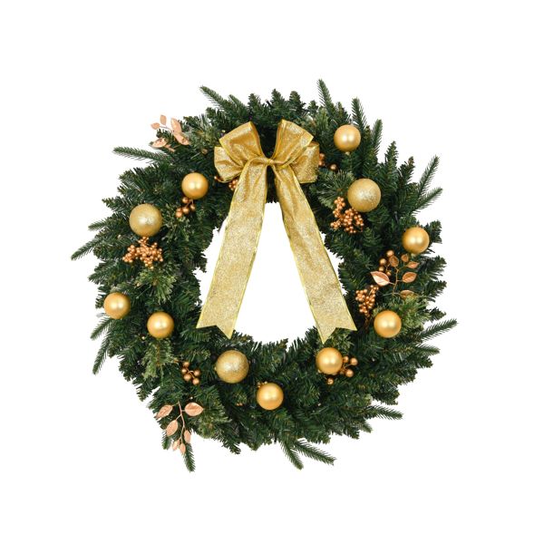 Beautiful pre-lit Christmas wreath with remote featuring gold ornaments and a decorative bow