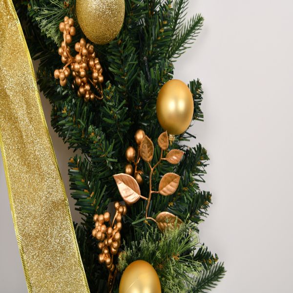 Festive pre-lit Christmas wreath with remote featuring golden ornaments and decorative accents