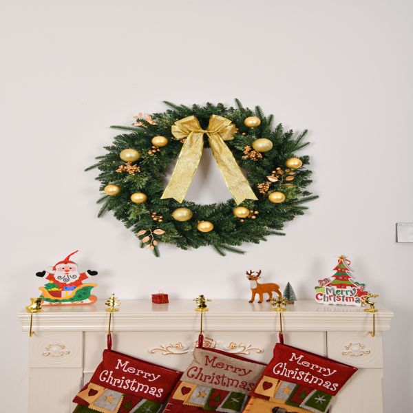 Elegant pre-lit Christmas wreath with remote featuring gold ornaments and a festive bow