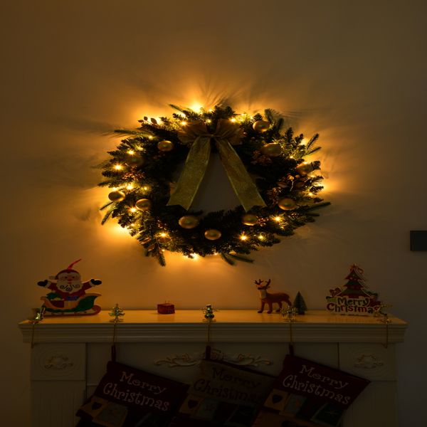 Elegant pre-lit Christmas wreath with remote featuring gold ornaments and warm lights