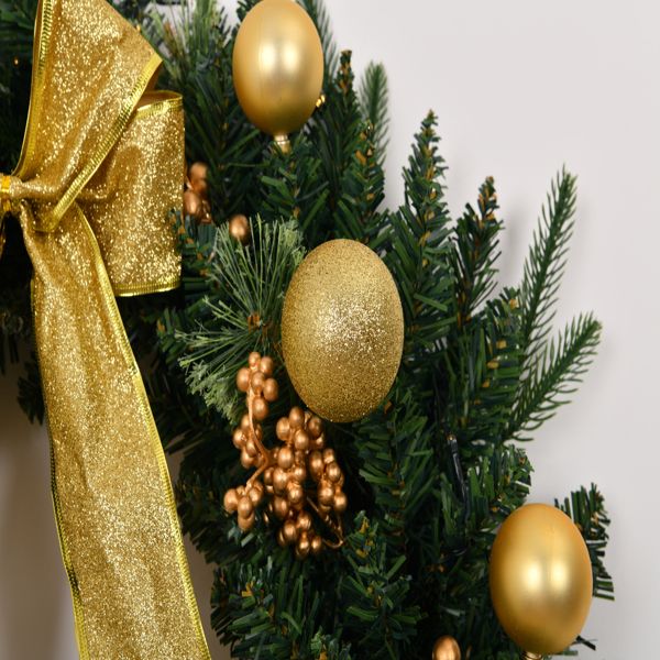 Elegant pre-lit Christmas wreath with remote, featuring gold ornaments and a shimmering bow