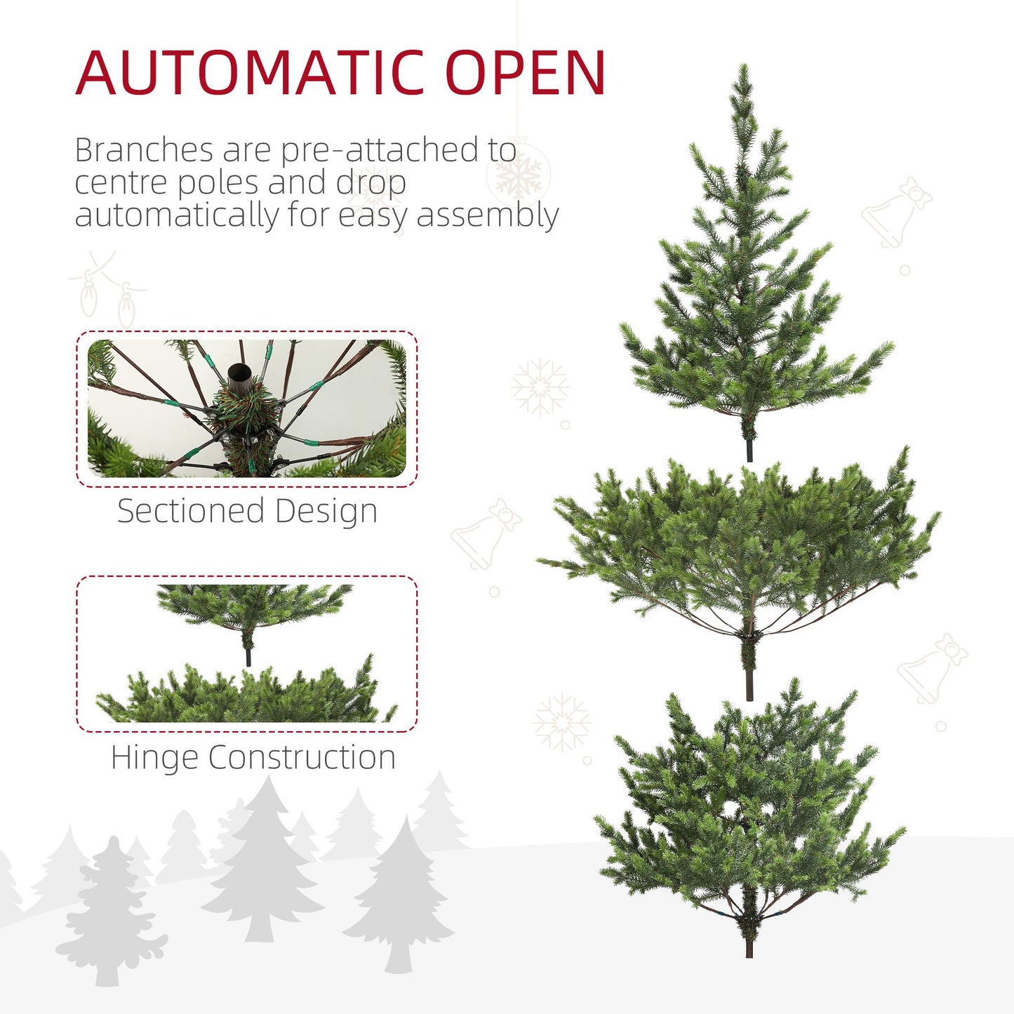 Sparse artificial Christmas tree with automatic open feature for easy assembly and sectioned design