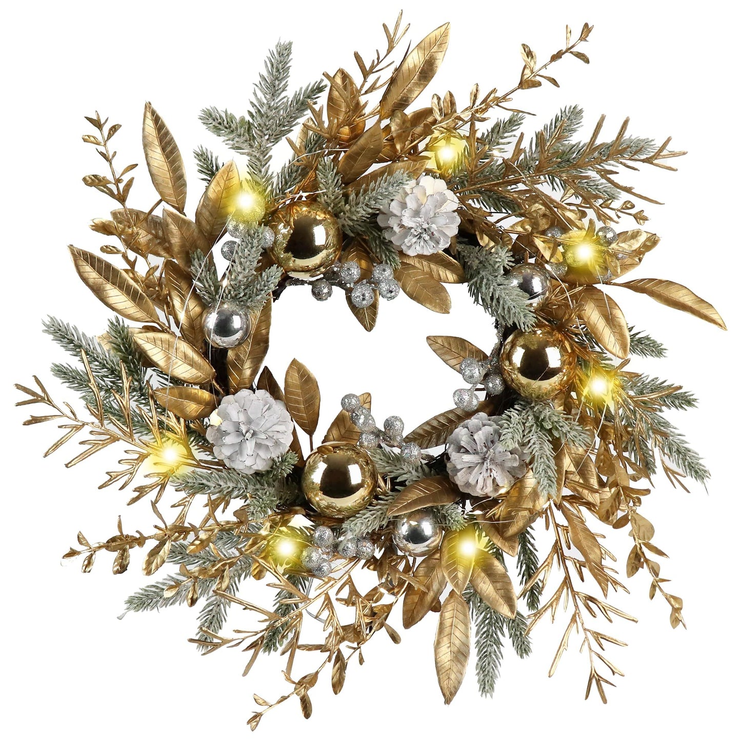 20 inch Christmas wreath with lights featuring gold leaves, silver and gold ornaments, and frosted pine cones