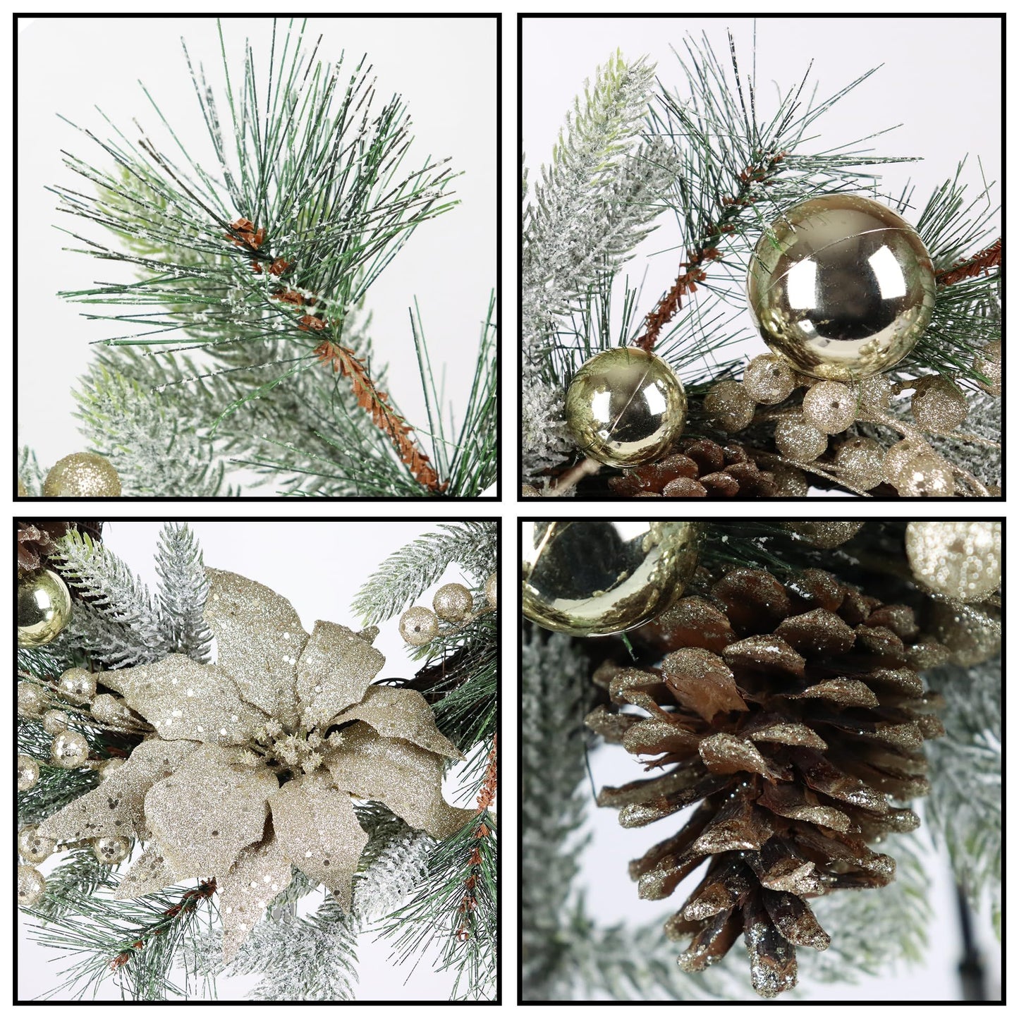 Close-up details of a 20 inch Christmas wreath with lights featuring pine branches, gold ornaments, glittery poinsettia, and pinecones