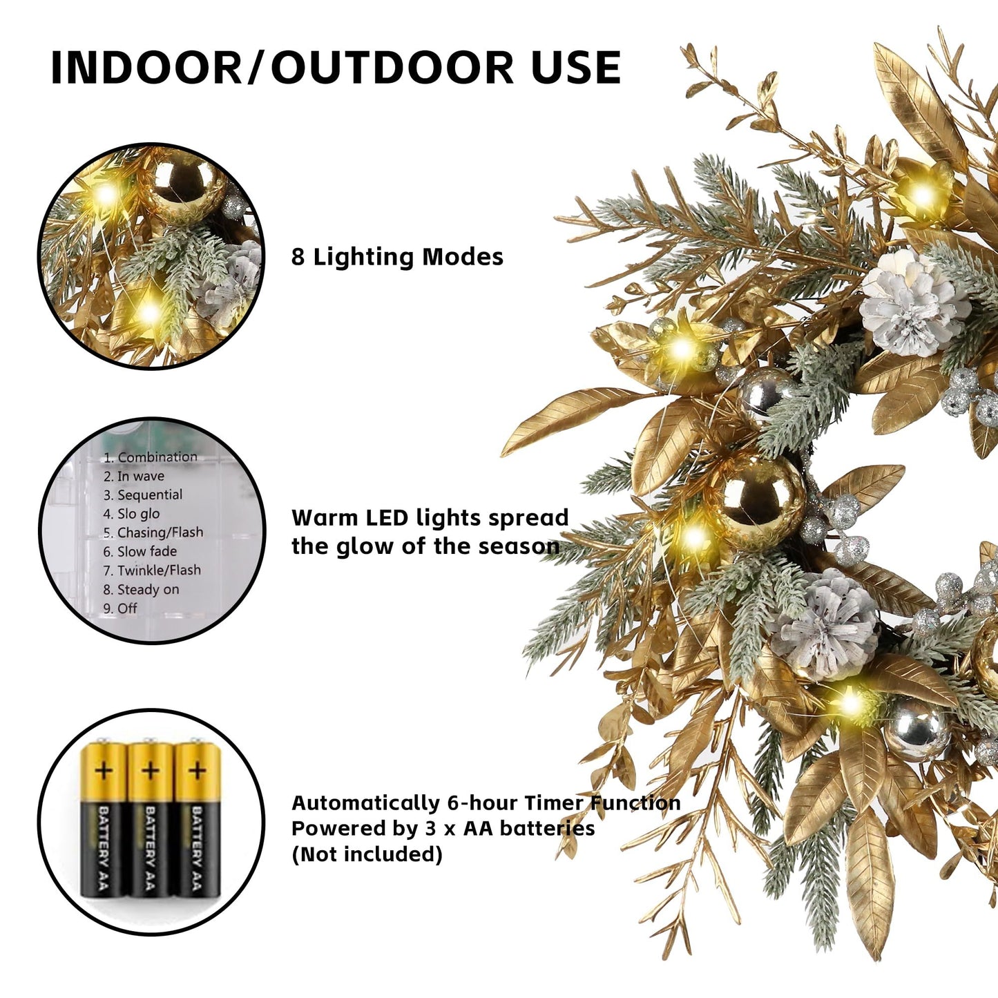 20 inch Christmas wreath with lights featuring warm LED bulbs, gold and silver pine cones, and leaves for indoor outdoor use