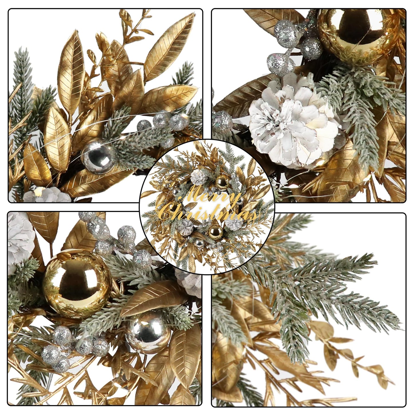 20 inch Christmas wreath with lights featuring gold leaves silver berries and white pinecones