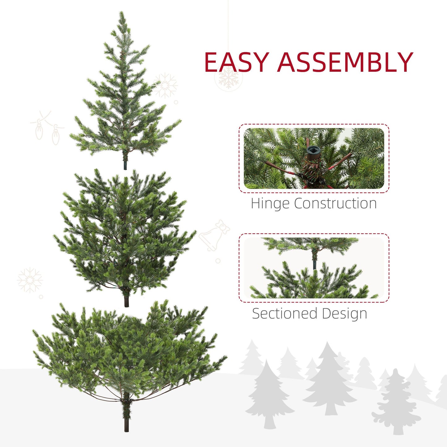 Sparse artificial Christmas tree featuring easy assembly with hinge construction and sectioned design