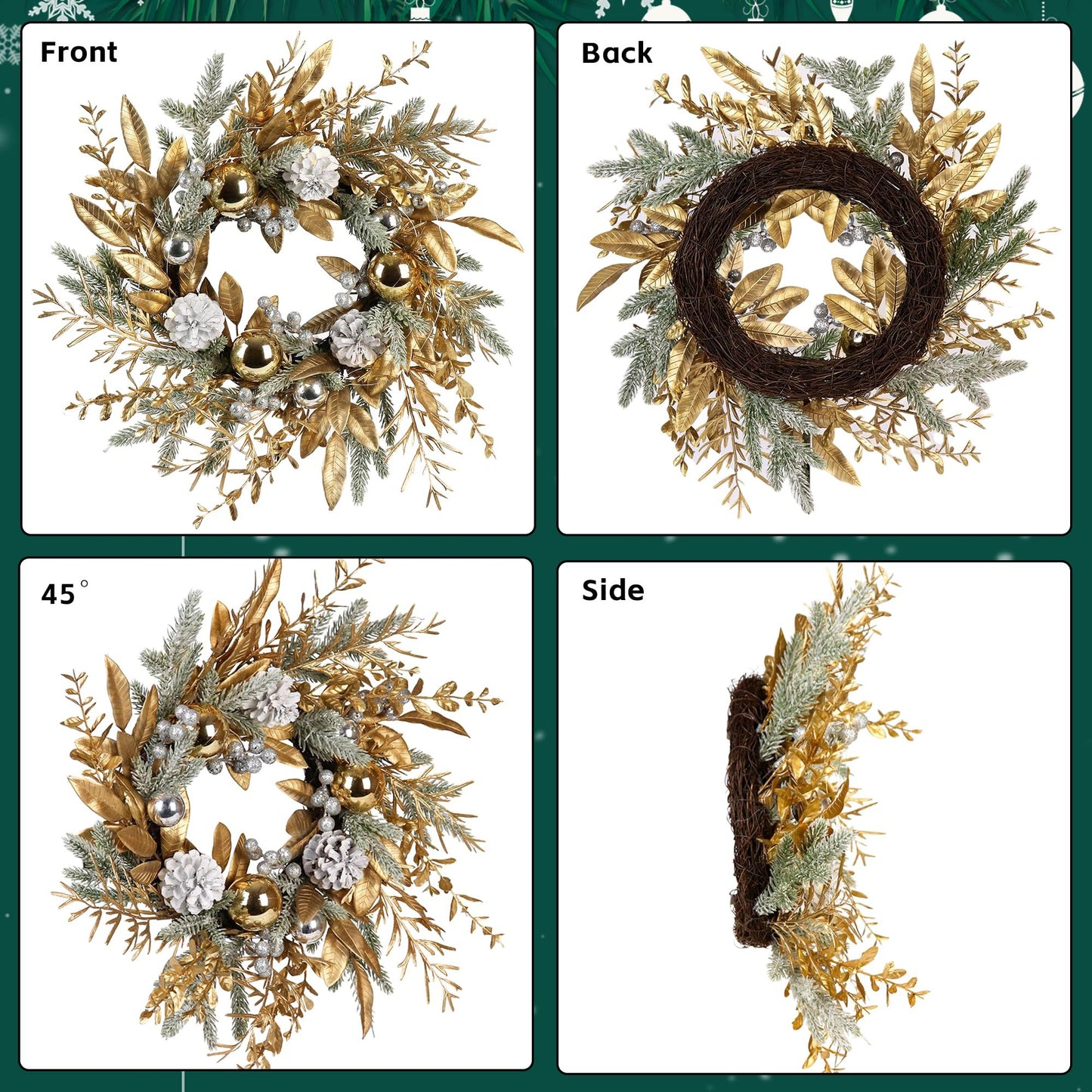 20 inch Christmas wreath with lights featuring gold leaves, silver pinecones, and shiny ornaments
