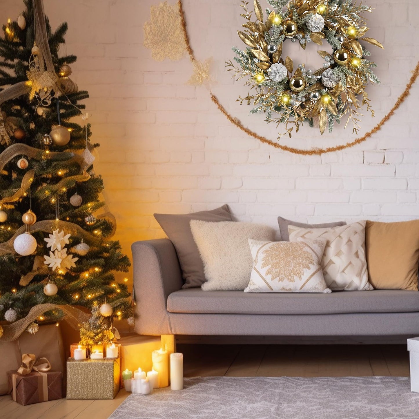 20 inch Christmas wreath with lights hanging on wall above gray couch in cozy living room