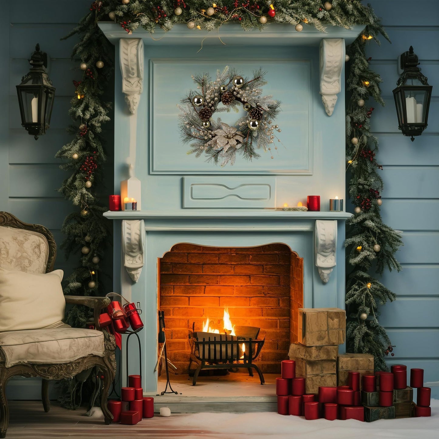 20 inch Christmas wreath with lights hanging above cozy fireplace surrounded by festive garlands and candles
