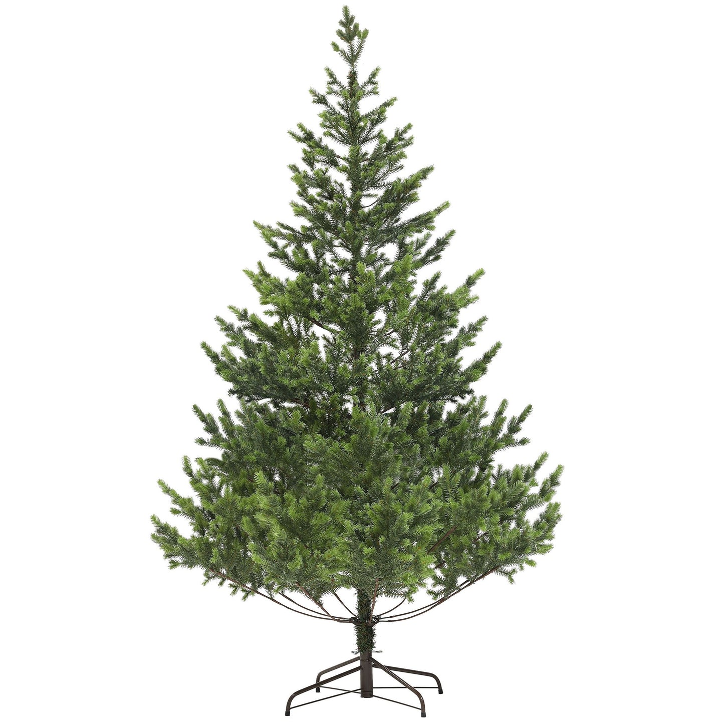 Sparse artificial Christmas tree with realistic green foliage and sturdy metal stand