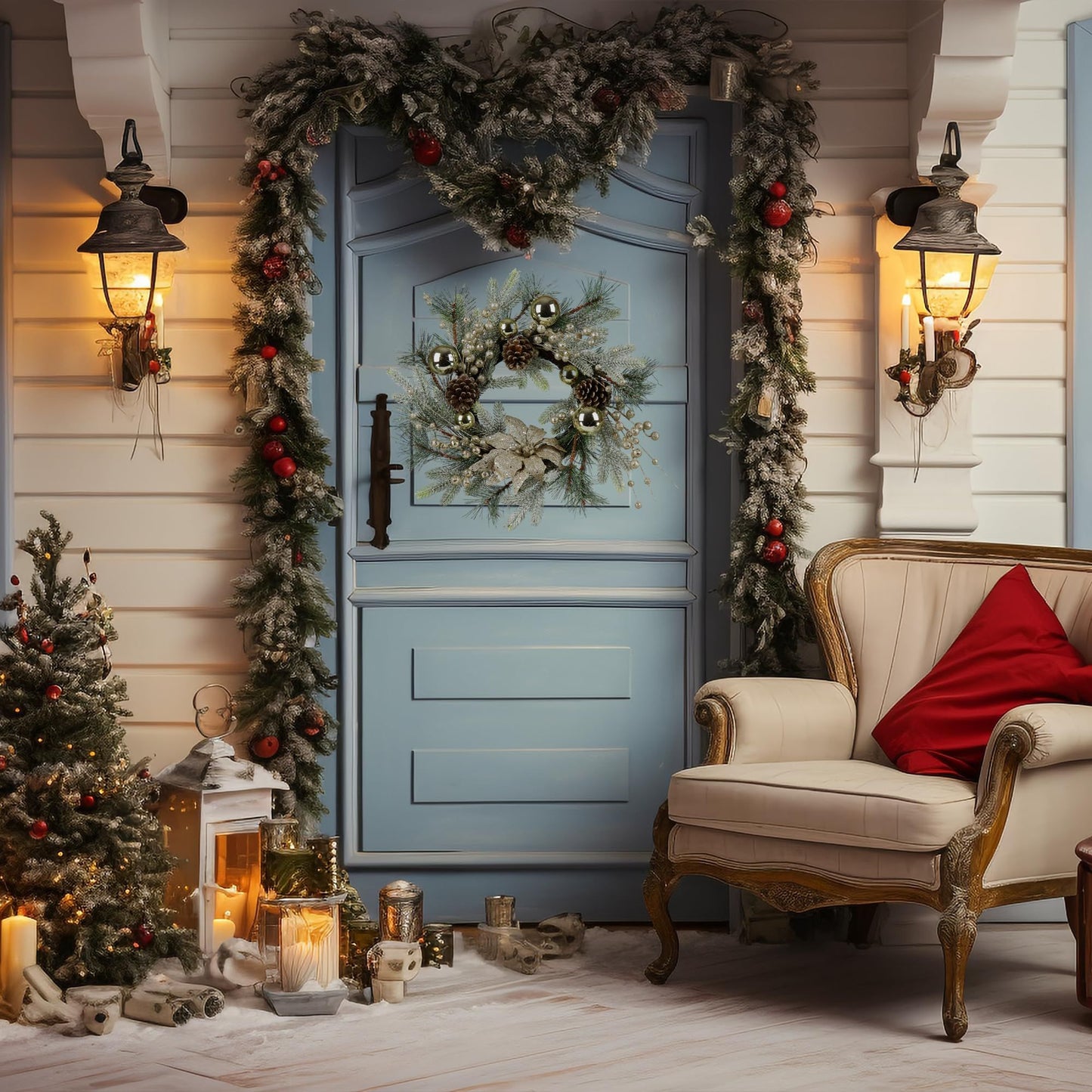 20 inch Christmas wreath with lights hanging on a blue door surrounded by festive garland and cozy holiday decorations