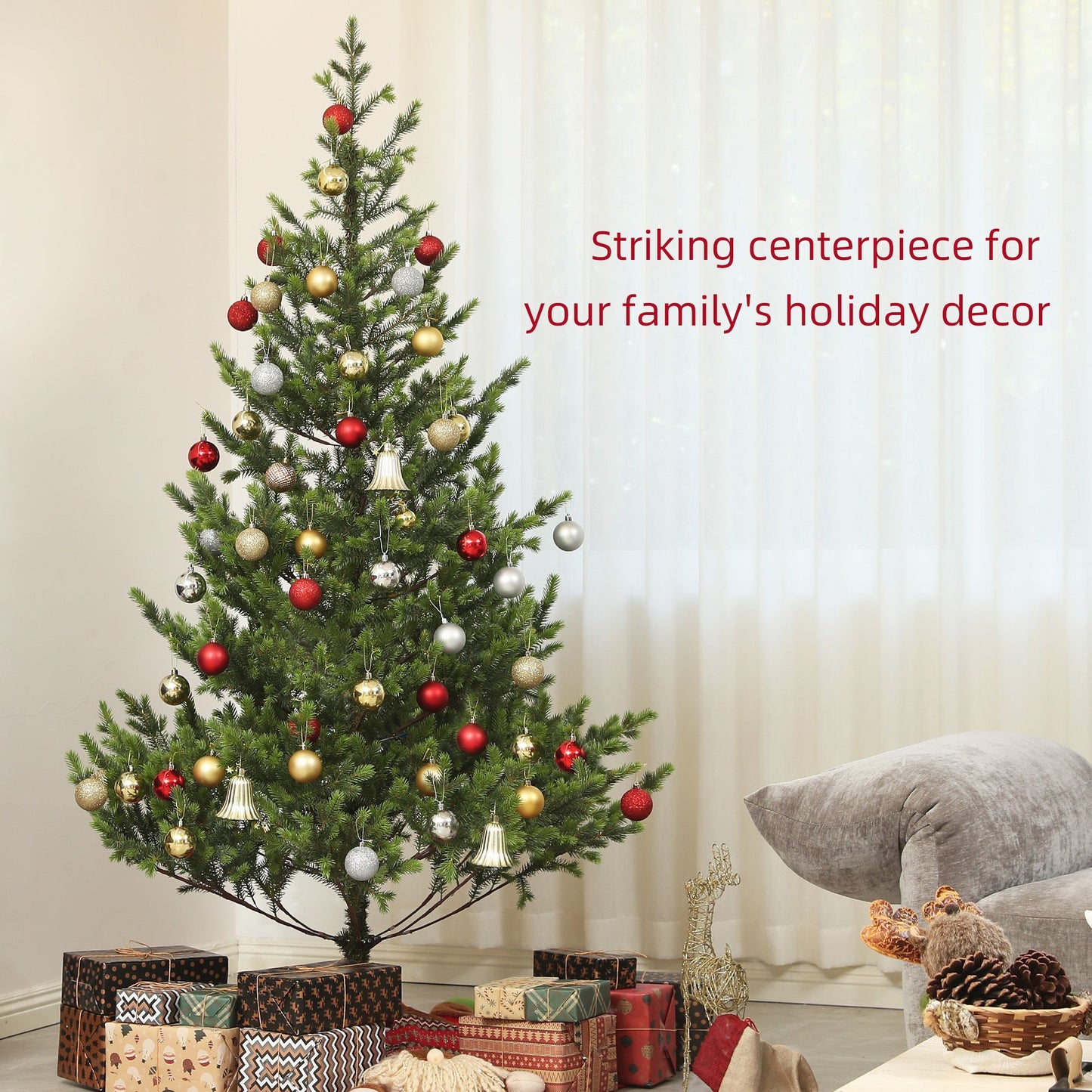 Sparse artificial Christmas tree adorned with colorful ornaments for festive holiday decor