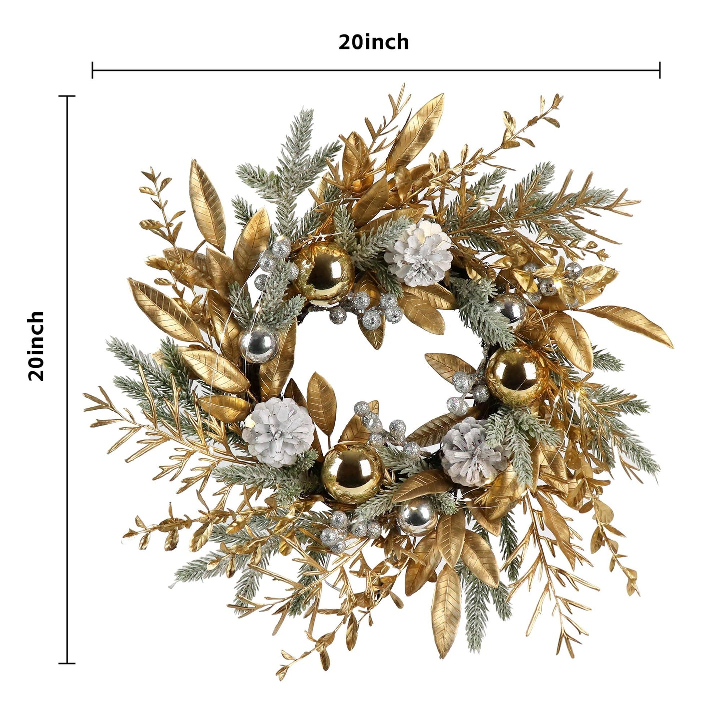 20 inch Christmas wreath with lights featuring gold leaves, silver pinecones, and decorative ornaments