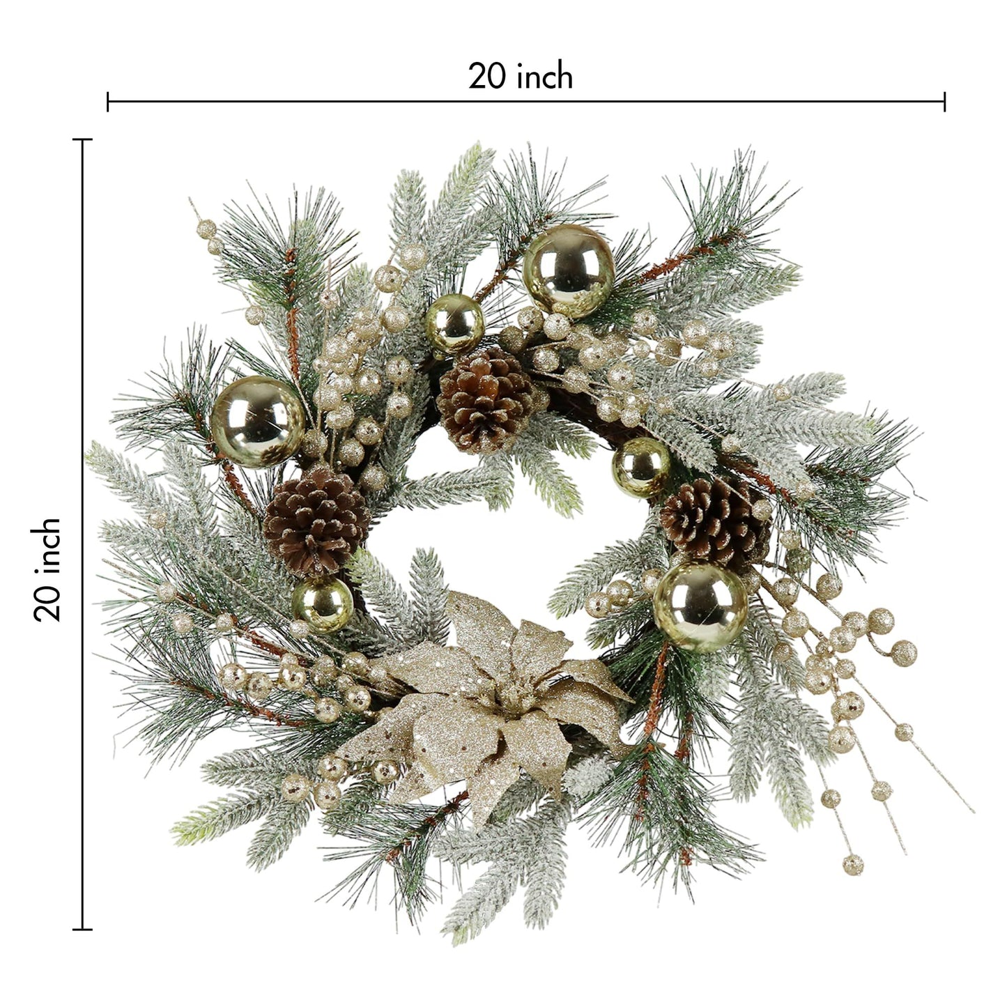 20 inch Christmas wreath with lights decorated with pine cones gold ornaments and snowy green pine needles