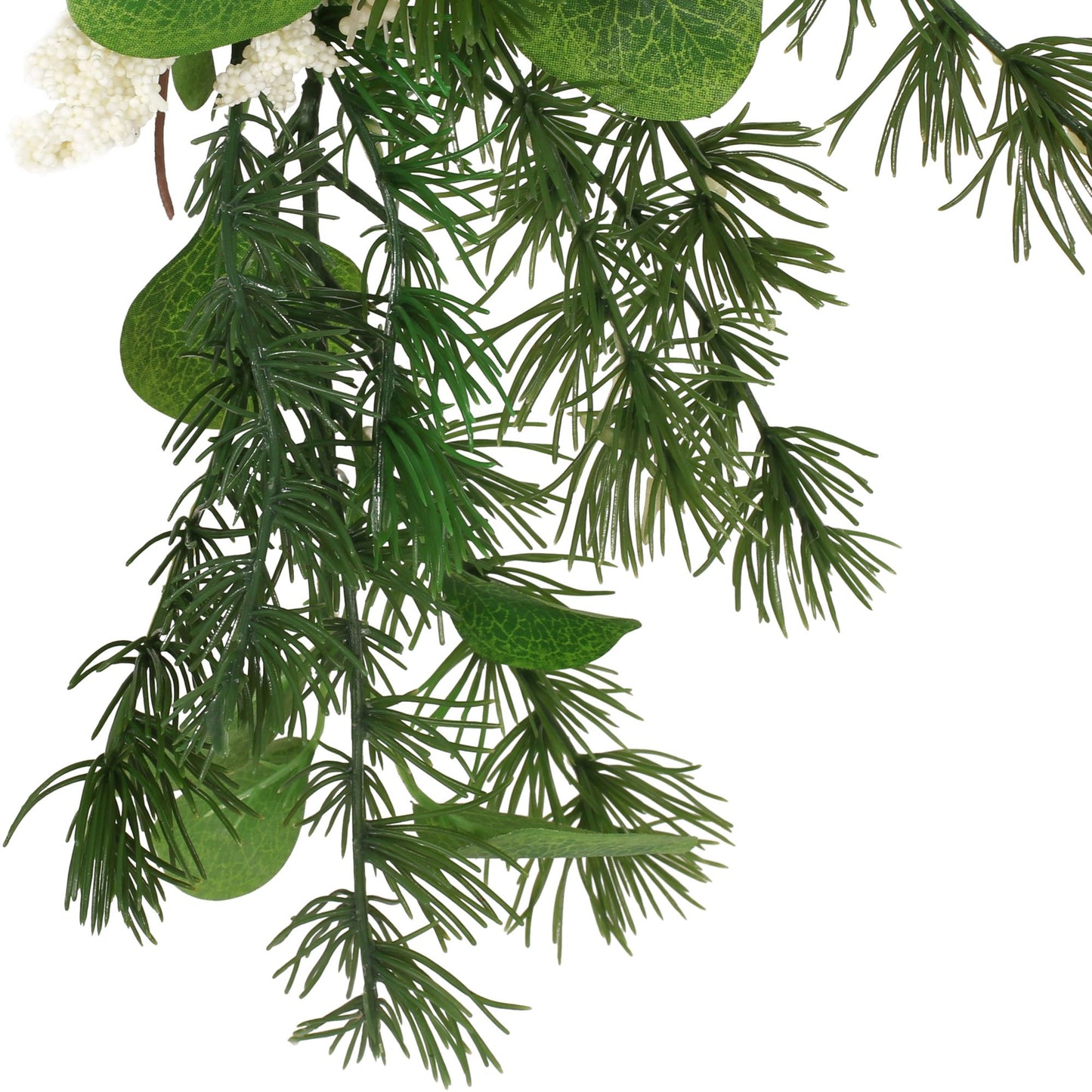 Close-up of FauxMart.com Eucalyptus Christmas garland with green leaves and pine needles detail
