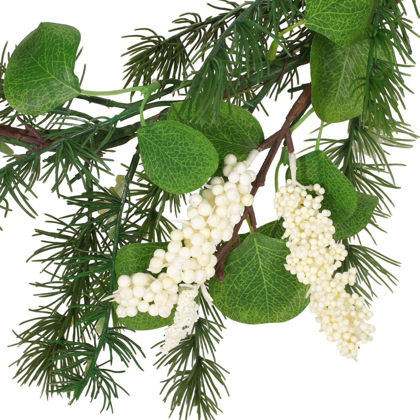 Close-up of green leaves and white berries on a eucalyptus Christmas garland from FauxMart.com