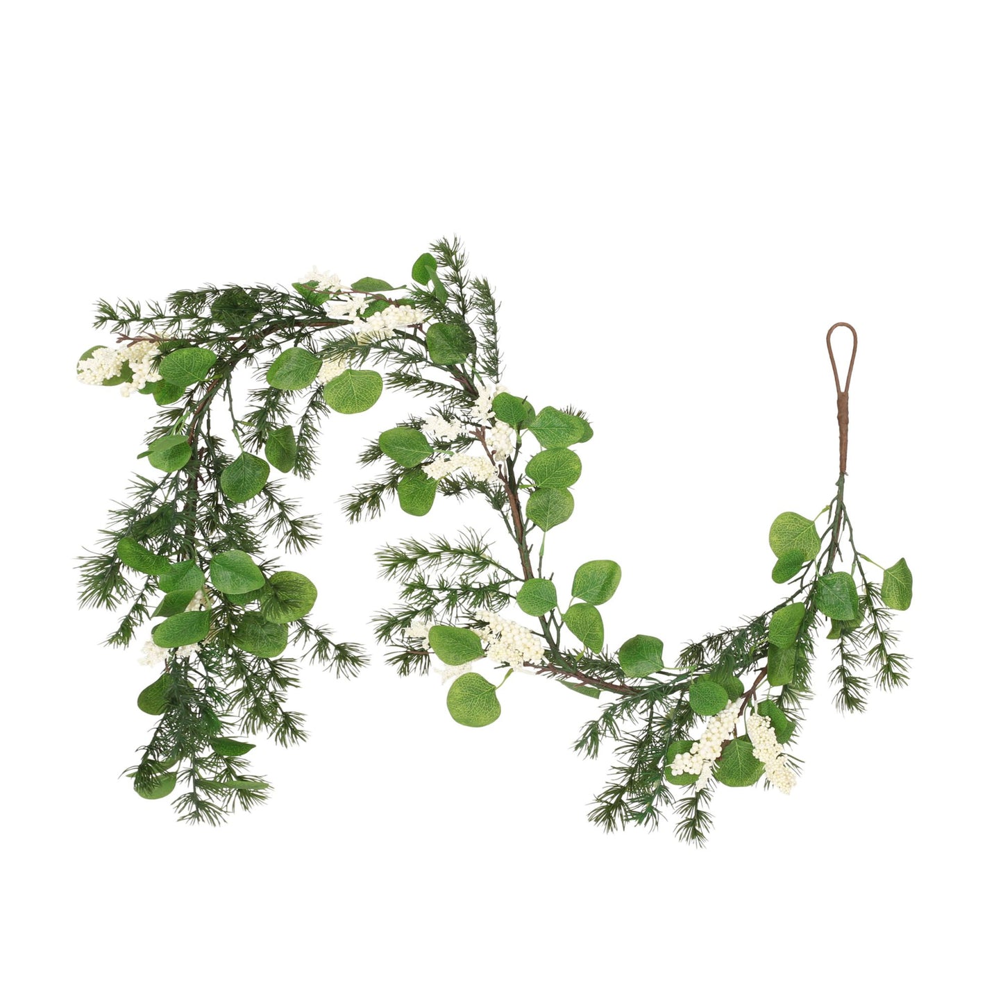 Eucalyptus Christmas garland with green leaves and white floral accents from FauxMart.com