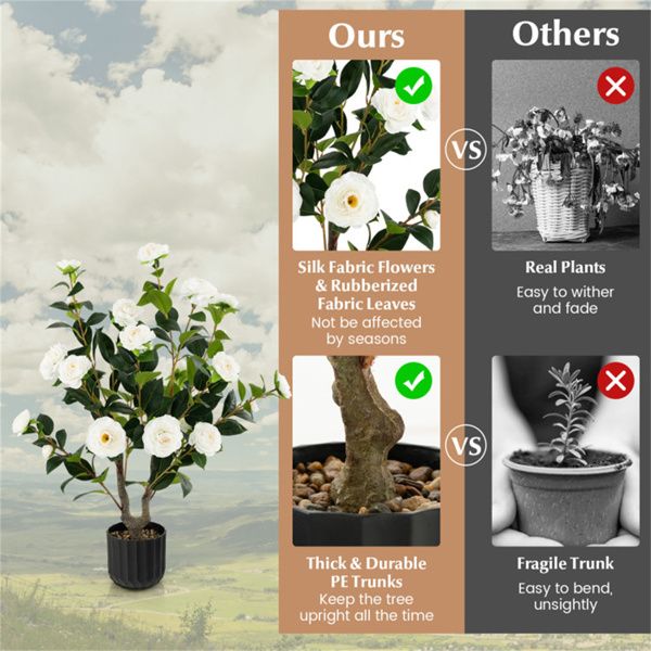 Faux camellia trees with silk flowers and durable PE trunks for easy maintenance and long-lasting beauty