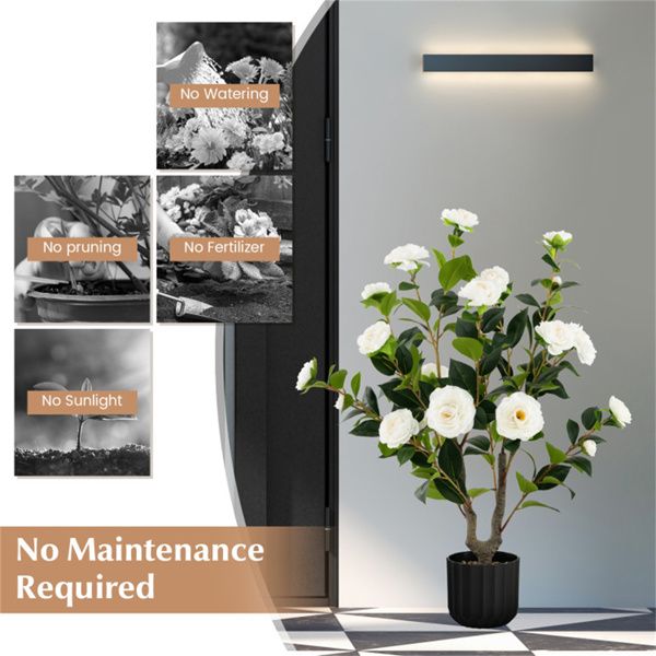 Faux camellia trees in a decorative pot, ideal for low-maintenance home decor with no watering or sunlight required