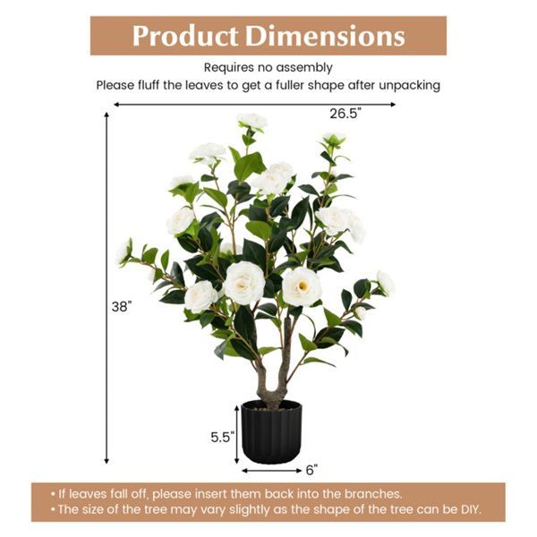 Faux camellia trees in a black pot, measuring 38 inches tall with white flowers for home decor