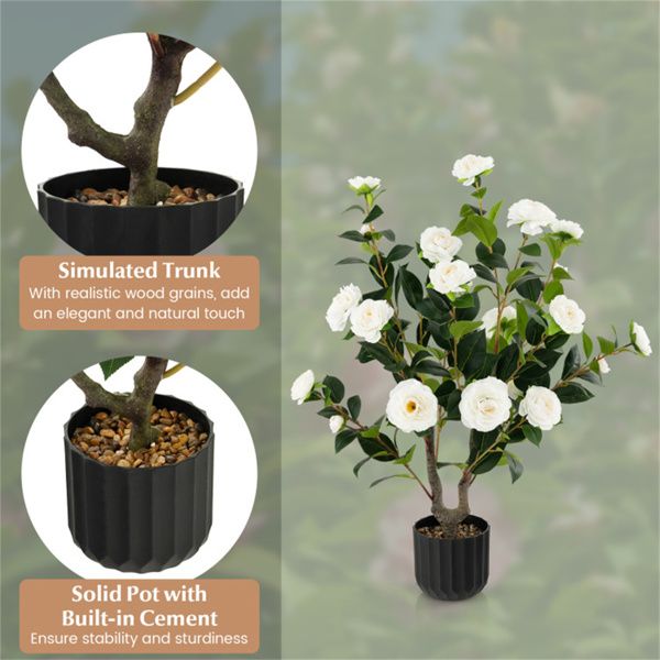 Faux camellia trees in a solid pot with a realistic simulated trunk for elegant decor