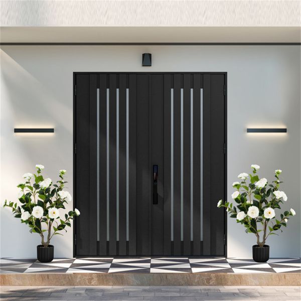 Elegant faux camellia trees in black pots flanking a modern entrance door
