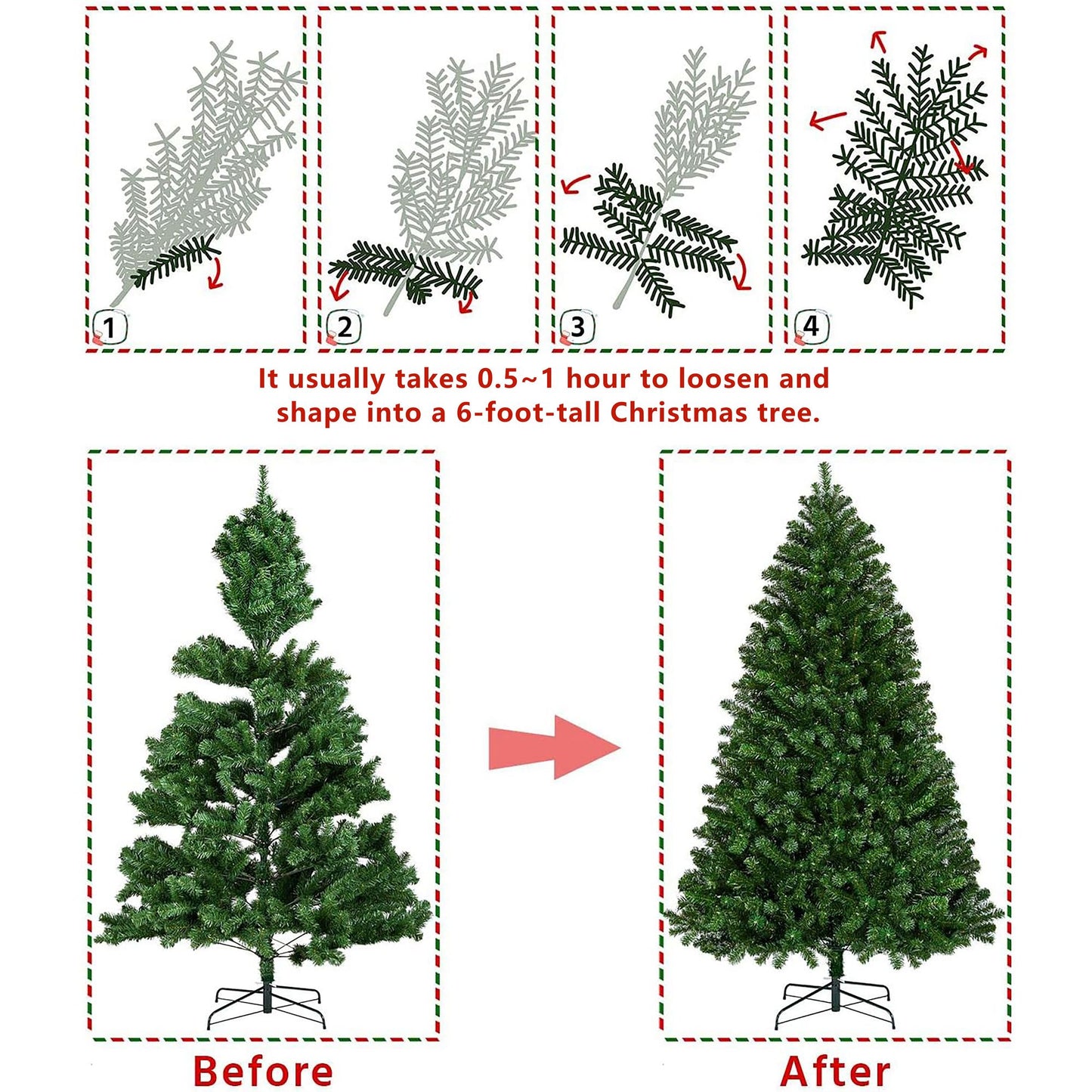 Faux pine Christmas tree 6FT displayed before and after shaping for a full holiday look